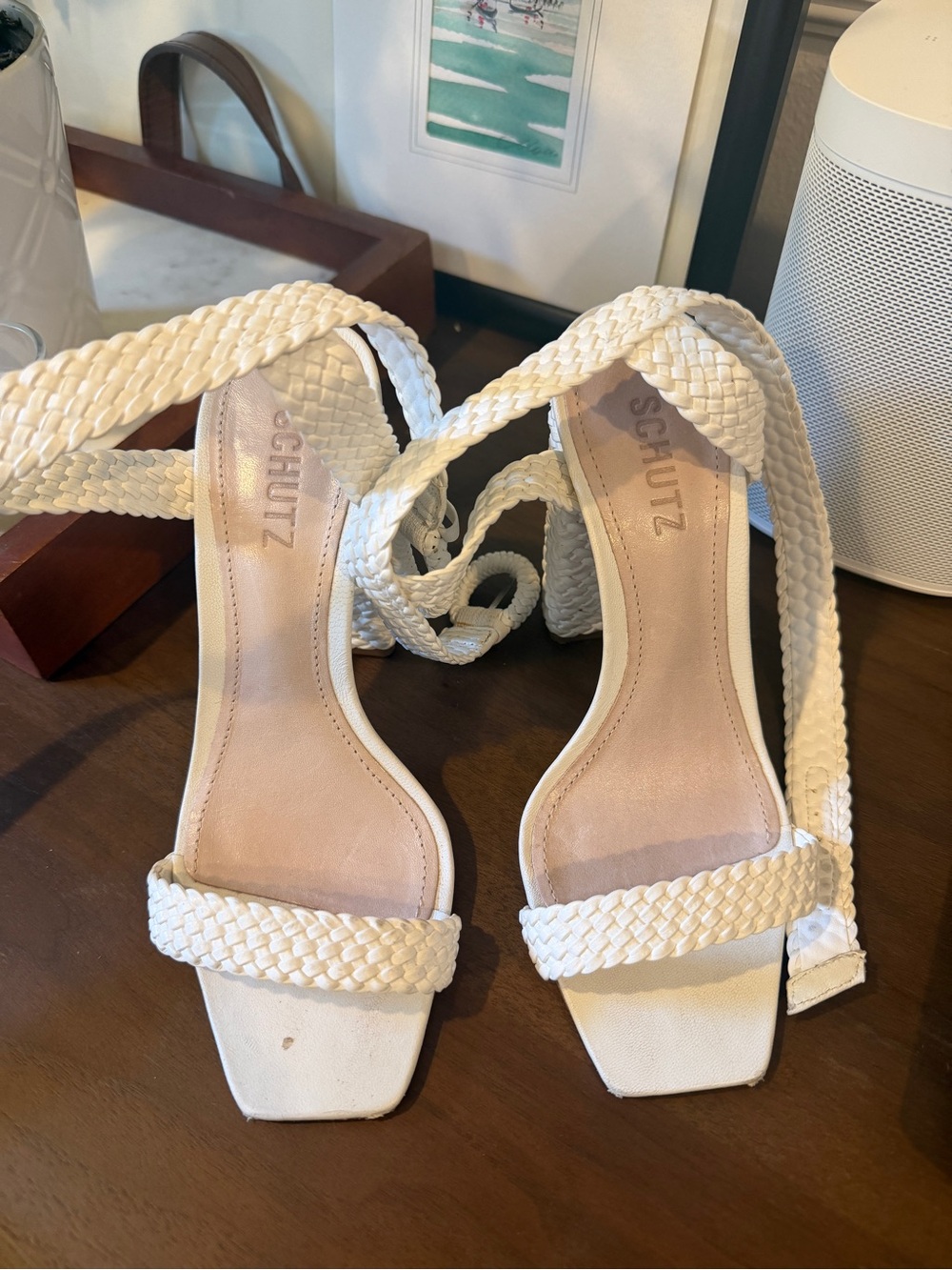 SCHUTZ White Braided Lace-Up Heeled Sandals